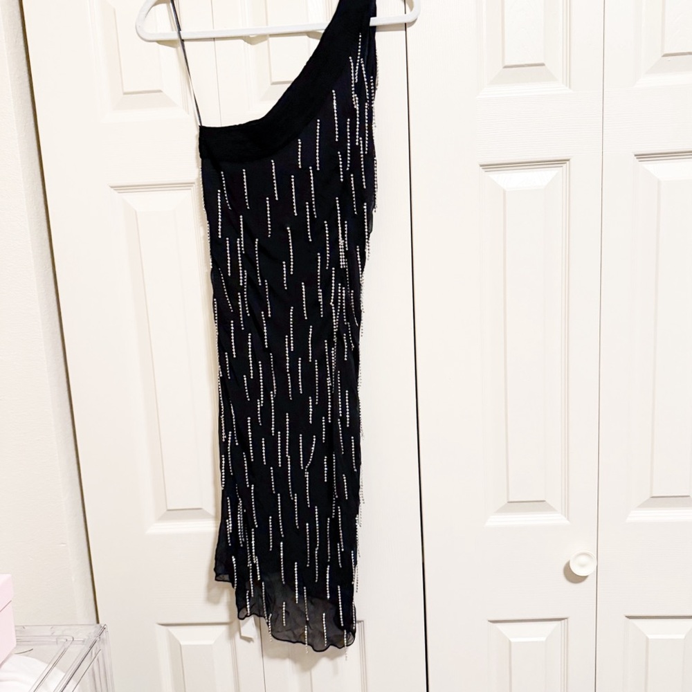 Fleur Du Mal One Shoulder Dangling Stones Rhinestone Fringe Dress in Black Large - Picture 8 of 12